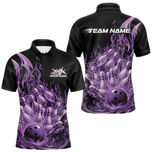 Maxcorners Custom Purple Fire Flame Bowling Men Polo Shirts, Bowling Team League Shirt LM1104