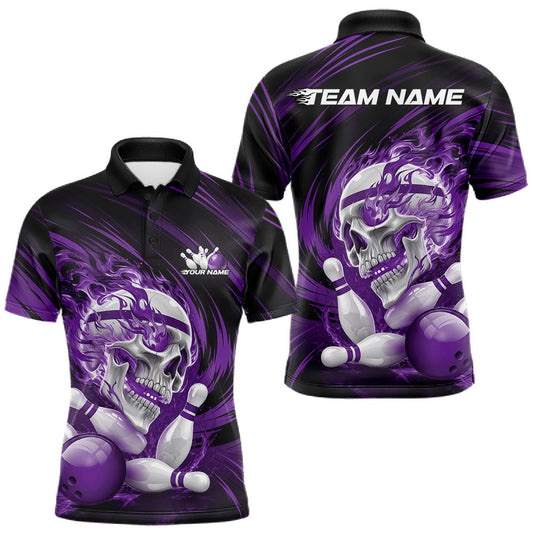 Maxcorners Custom Black And Red Flame Skull Bowling Polo Shirt For Men