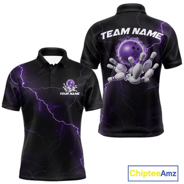 Maxcorners Custom Purple Thunder Lightning Flame Bowling Ball Men Bowling Team Shirt Bowler Outfit LM0602