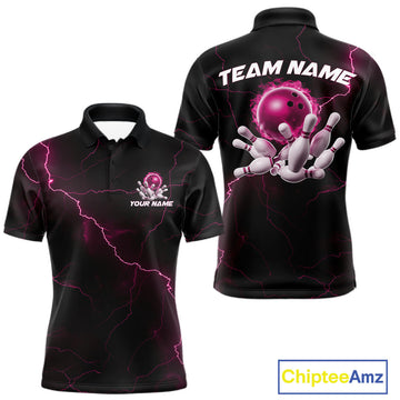 Maxcorners Custom Pink Thunder Lightning Flame Bowling Ball Men Bowling Team Shirt Bowler Outfit LM0602
