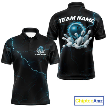 Maxcorners Custom Blue Thunder Lightning Flame Bowling Ball Men Bowling Team Shirt Bowler Outfit LM0602