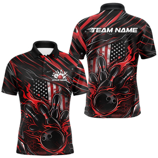 Maxcorners Custom Red American Flag Flame Men Bowling Polo Shirt, Patriotic Bowling Jersey LM0404