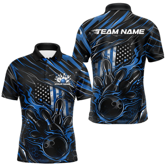 Maxcorners Custom Blue American Flag Flame Men Bowling Polo Shirt, Patriotic Bowling Jersey LM0404