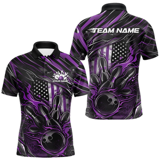Maxcorners Custom Purple American Flag Flame Men Bowling Polo Shirt, Patriotic Bowling Jersey LM0404