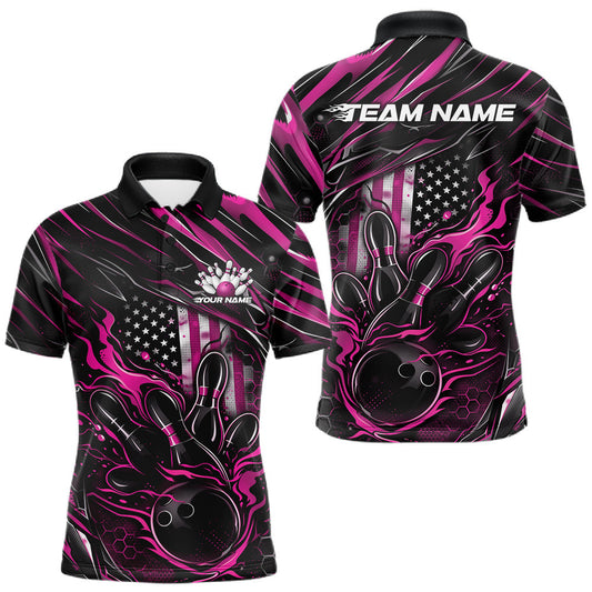 Maxcorners Custom Pink American Flag Flame Men Bowling Polo Shirt, Patriotic Bowling Jersey LM0404