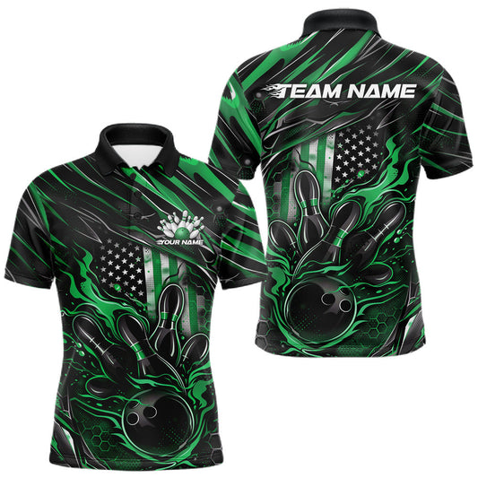 Maxcorners Custom Green American Flag Flame Men Bowling Polo Shirt, Patriotic Bowling Jersey LM0404