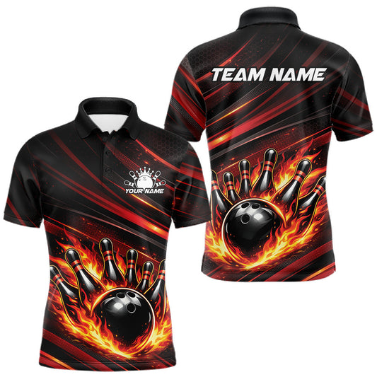 Maxcorners Custom Red Orange Fire Flame Bowling Team Men Polo Shirt, Bowling League Shirt LM0404