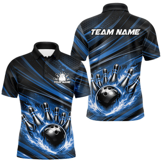 Maxcorners Custom Blue Fire Flame Bowling Team Men Polo Shirt, Bowling League Shirt LM0404