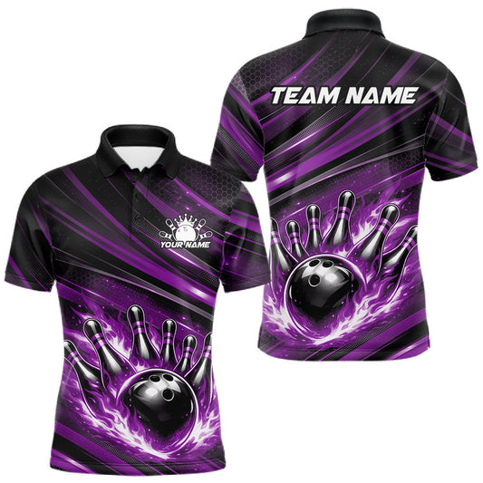 Maxcorners Custom Purple Fire Flame Bowling Team Men Polo Shirt, Bowling League Shirt LM0404