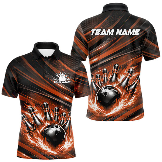 Maxcorners Custom Orange Fire Flame Bowling Team Men Polo Shirt, Bowling League Shirt LM0404