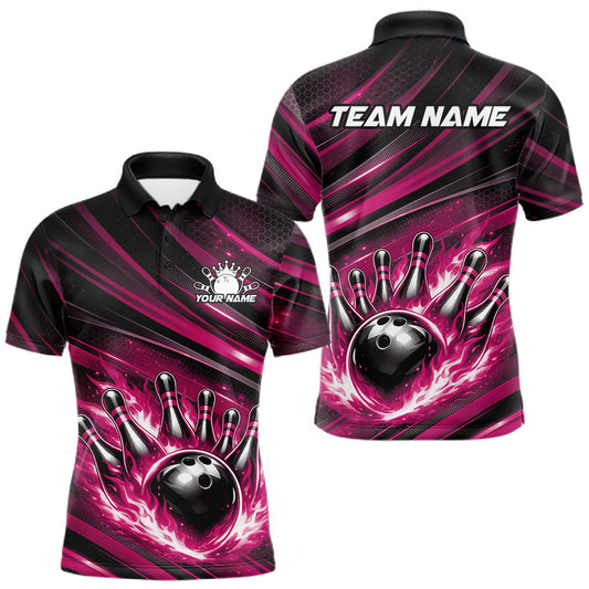 Maxcorners Custom Pink Fire Flame Bowling Team Men Polo Shirt, Bowling League Shirt LM0404