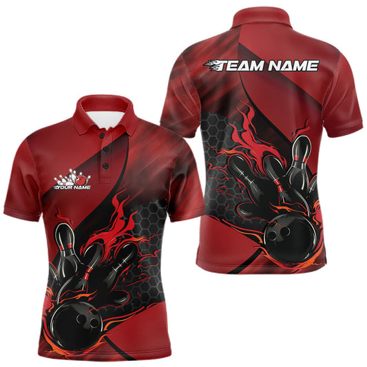 Maxcorners Custom Red Flame Bowling Team Men Polo Shirt, Bowling League Shirt Bowler Outfits LM0404