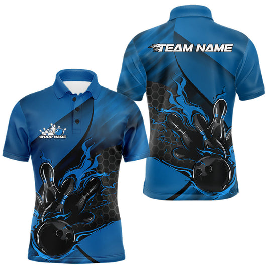 Maxcorners Custom Blue Flame Bowling Team Men Polo Shirt, Bowling League Shirt Bowler Outfits LM0404