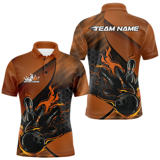 Maxcorners Custom Orange Flame Bowling Team Men Polo Shirt, Bowling League Shirt Bowler Outfits LM0404