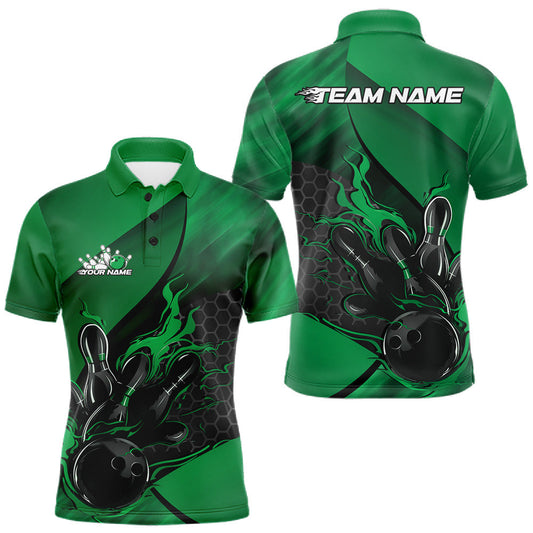 Maxcorners Custom Green Flame Bowling Team Men Polo Shirt, Bowling League Shirt Bowler Outfits LM0404