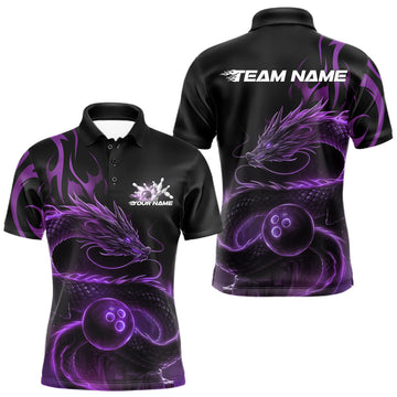 Maxcorners Custom Purple Tribal Flame Dragon Bowlin Team Men Polo Shirt, Dragon Bowling Jerseys LM1112