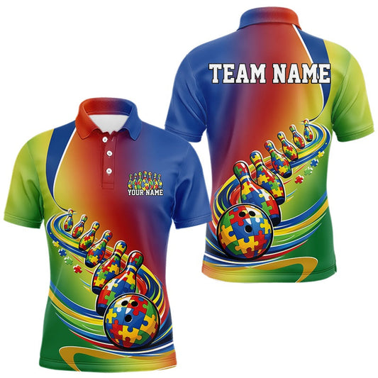 Maxcorners Custom Colorful Puzzles Autism Awareness Bowling Men Polo Shirt, Autism Acceptance Shirt