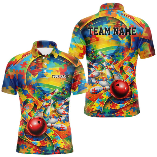 Maxcorners Custom Colorful Autism Awareness Bowling Team Men Polo Shirt, Puzzles Bowling Shirt
