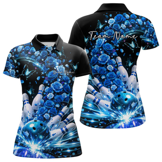 Custom Beautiful Blue Roses And Butterfly Women Bowling Team Shirt, Bowling League Shirt LM1203