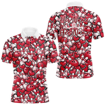 Maxcorners Custom Red Heart Theme Valentine Bowling Couple Shirt, Love Bowling Jerseys With His Name And Her Name LM1501