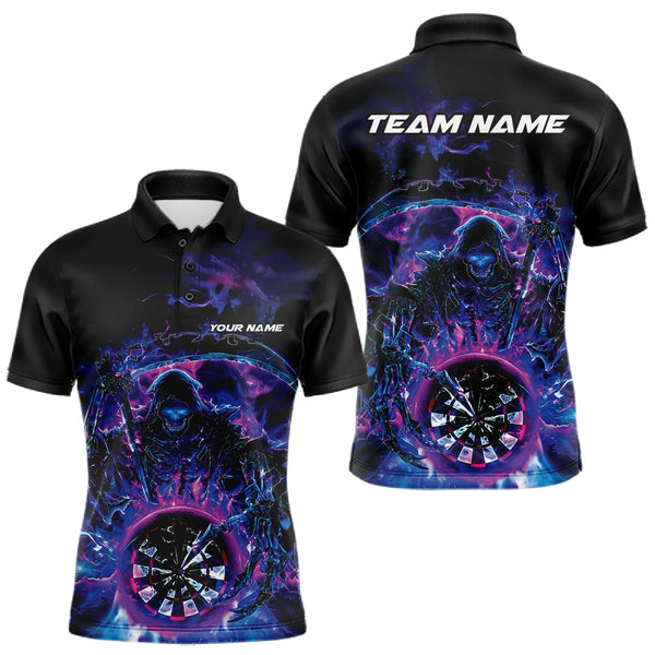 Maxcorners Custom Blue, Purple And Pink Grim Reaper Skull Dart Men Polo Shirt, Halloween Team Outfit LM1610