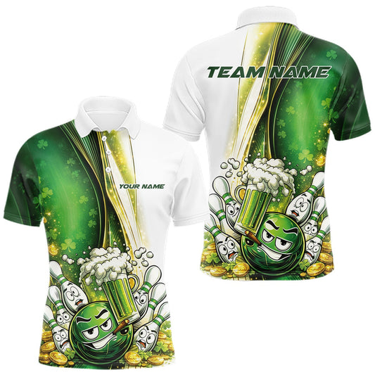 Maxcorners Custom Funny St Patricks Party Beer Bowling Team Shirts, Green Shamrock And Gold Coin Bowling Jerseys LM1104