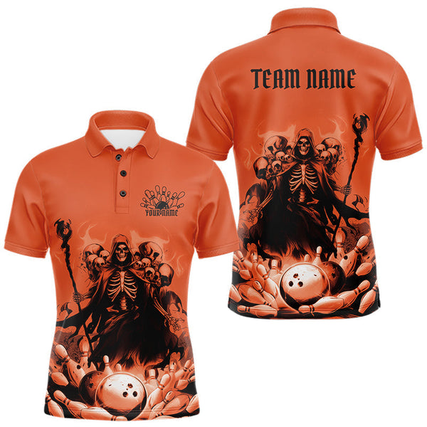 Maxcorners Custom Orange Flame Grim Reaper Bowling Men Polo Shirts, Piles Of Skull Halloween Outfit MT2009