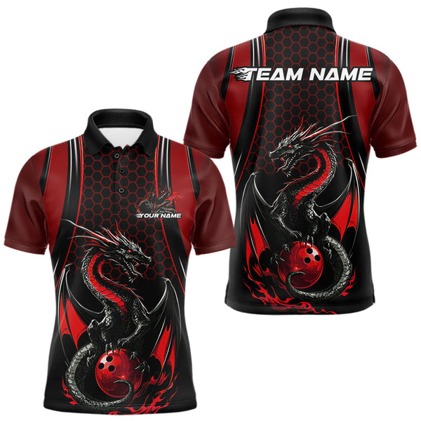Maxcorners Custom Black And Red Flame Dragon Bowling Jerseys, Dragon Bowling Team Men Polo Shirt MT2009