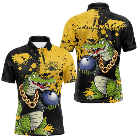 Maxcorners Custom Yellow Splatter Funny Alligator Bowling Men Polo Shirts, Bowling Team Shirts MT2009