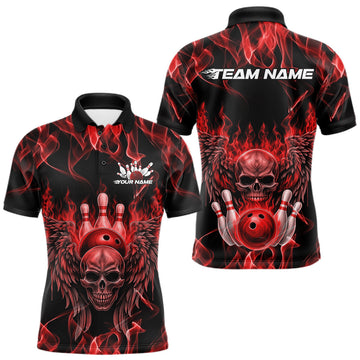 Maxcorners Custom Black And Red Flame Skull With Wings Men Bowling Shirt, Halloween Team Shirt