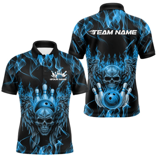 Maxcorners Custom Black And Blue Flame Skull With Wings Men Bowling Shirt, Halloween Team Shirt