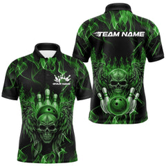 Maxcorners Custom Black And Green Flame Skull With Wings Men Bowling Shirt, Halloween Team Shirt TU2511