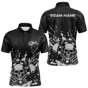 Maxcorners Custom Black And Gray Splatter Dart Skull Men Polo Shirt, Dart Bone Halloween Team Jerseys LM1903