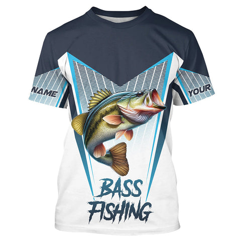 Maxcorners Personalized Largemouth Bass fishing Tournament Long Sleeve Fishing Shirts, Bass Fishing Jersey | Blue MT2108
