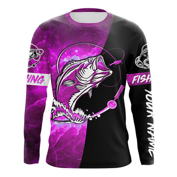 Maxcorners Bass Fishing tattoo pink galaxy black Custom name performance UV protection long sleeve fishing shirts LM0201