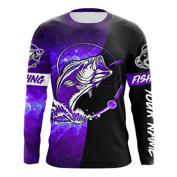 Maxcorners Bass Fishing tattoo purple galaxy black Custom performance UV protection long sleeve fishing shirts LM0201