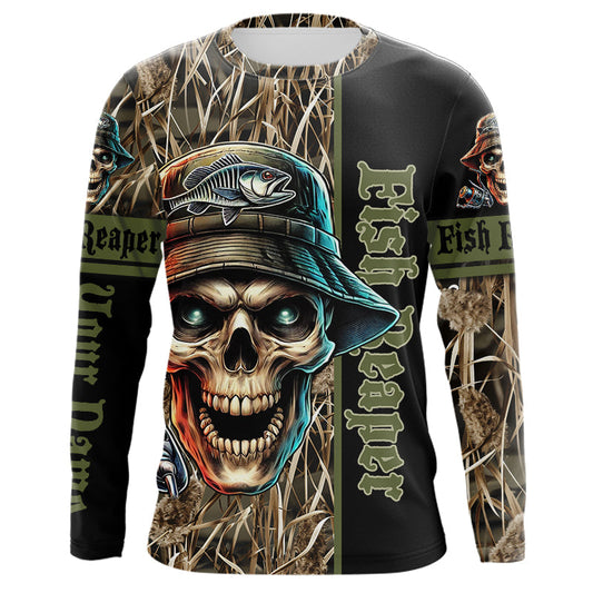 Maxcorners Fish Reaper lake Camo black Customize Name UV protection long sleeves fishing shirt for men 
 LM0201