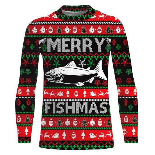 Maxcorners Merry Fishmas funny ugly Christmas salmon fishing shirt UV protection long sleeves UPF 30+ Christmas gift LM0201