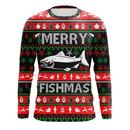 Maxcorners Merry Fishmas funny ugly Christmas salmon fishing shirt UV protection long sleeves UPF 30+ Christmas gift LM0201