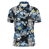 Maxcorners Disc golf hole basket blue leaf flower pattern golf shirt custom name disc golf polo shirts for men MT0510