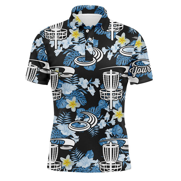 Maxcorners Disc golf hole basket blue leaf flower pattern golf shirt custom name disc golf polo shirts for men MT0510
