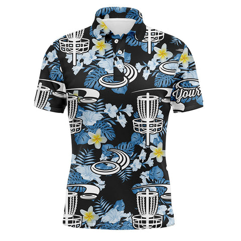 Maxcorners Disc golf hole basket blue leaf flower pattern golf shirt custom name disc golf polo shirts for men MT0510