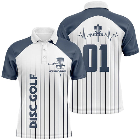 Maxcorners Blue white Mens disc golf polo shirt custom name, number disc golf heartbeat jersey, disco golf outfit MT0510