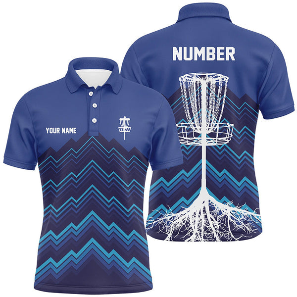 Maxcorners Mens Disc golf polo shirts custom blue pattern Disc Golf Basket Tree jerseys, disc golf shirt MT0510