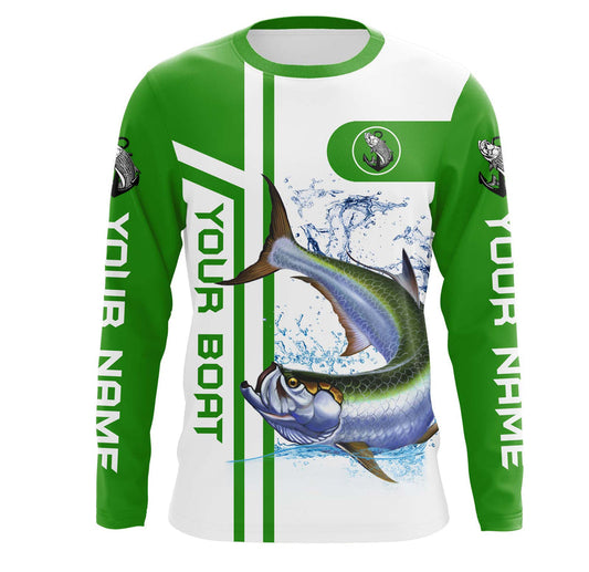 Maxcorners Tarpon fishing Custom name & boat name - Green Long sleeve, Long Sleeve Hooded Fishing Shirt LM0201