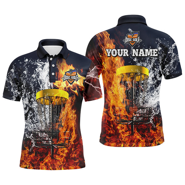 Maxcorners Fire and water disc golf basket custom name Mens disc golf polo shirt, personalized disc golf gifts MT0510