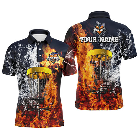 Maxcorners Fire and water disc golf basket custom name Mens disc golf polo shirt, personalized disc golf gifts MT0510