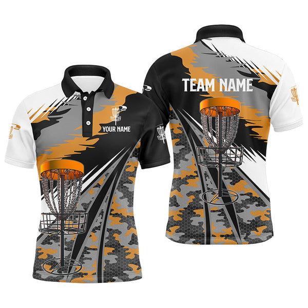 Maxcorners Mens disc golf polo shirt custom orange camo disc golf basket disc golf outfit, team disc golf apparel MT0510