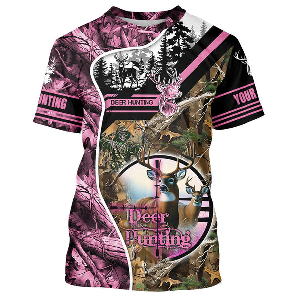 Maxcorners Deer Hunting Pink Camo Custom Name 3D All over print shirts, personalized hunting appare LM2608