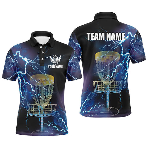 Maxcorners Mens disc golf polo shirts custom blue lightning thunder disc golf basket team disco golf outfit MT0510